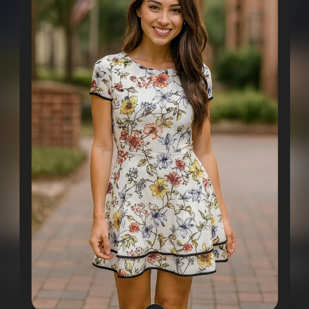 Aqua Off White Tiered fit and Flare Floral Dress